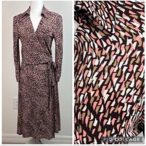 Jones New York wrap dress long sleeve collared stretch knit peach brown tan